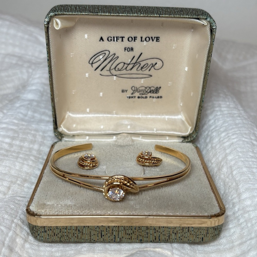 Vintage Van Dell 12KT Gold-Filled Earrings And Cuff Bracelet Gift Box For Mother